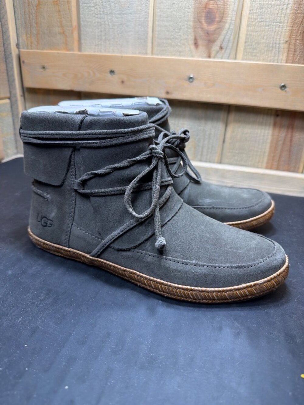 UGG Reid Womens 7 Grey Slate Suede Wrap Lace Moc Booties Ankle Boots 1019129